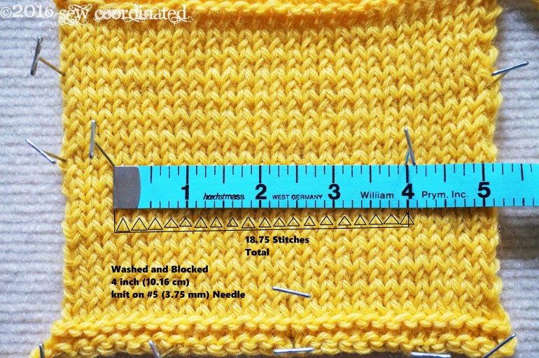 The same swatch washed and blocked: by all counts, it did shrink.